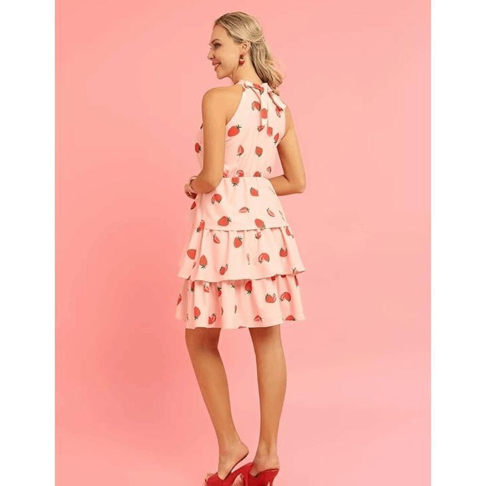 🍓 Strawberry Girly Cute Halter Neck Tiered Layered Ruffle Pink Mini Dress NWT - Picture 3 of 16